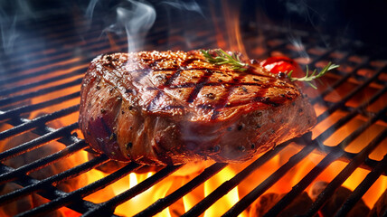 Beef steak sizzling on the grill flame, Generated AI
