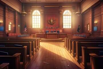 A courtroom with a judge's bench, witness stand, and jury box. Generative ai. - obrazy, fototapety, plakaty