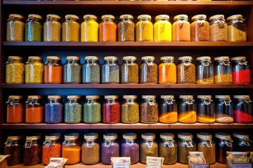 A meticulously arranged display of colorful spices in a specialty spice shop. Generative ai.