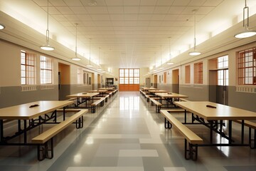 A prison cafeteria with long tables and institutional-style seating. Generative ai.