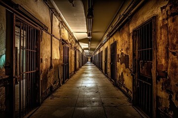 Fototapeta na wymiar A row of prison cells lining a long, dimly lit corridor. Generative ai.