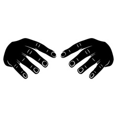 Front view of two empty human hands with open fingers. Black and white silhouette. Conjure gesture.