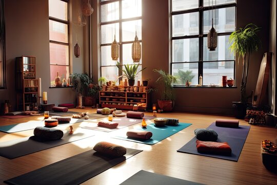Premium Photo  Interior of modern yoga studio with white walls wooden  floor and yoga mats Generative AI