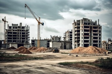 Closed-down construction sites or unfinished buildings representing stalled development. Generative ai.