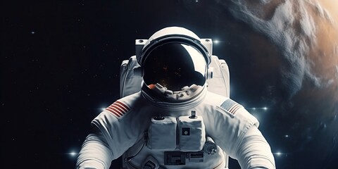 Fototapeta na wymiar Portrait of astronaut floating in space. Finest generative AI
