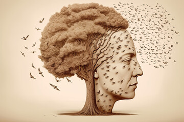 Human profile and nature mental health earth day therapy anxiety awareness illustration