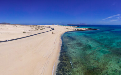 Beautiful mid level aspect aerial panoramic view of Glass Beach Playa near Corralejo in Fuerteventura Spain
