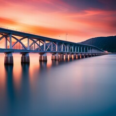 Metal bridge in front of pink sunset, long exposure, created with Generative AI technology