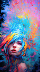 Portrait of a pretty young teenage girl with flowing colorful blue paint splash hair, vibrant windblown and tangled, rebellious portrait glamour - generative AI