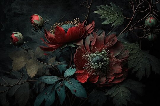 Subtly textured red and green painted flowers dark moody background. Generative AI AIG15.