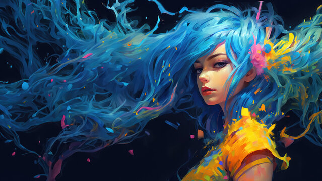 Portrait of a pretty young teenage girl with flowing colorful blue paint splash hair, vibrant windblown and tangled, rebellious portrait glamour - generative AI
