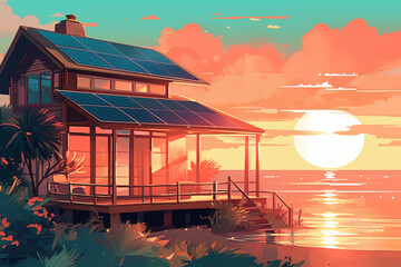 Flat graphic illustration a lovely beach cottage with solar panels on roof on a beautiful landscape. AI generative - obrazy, fototapety, plakaty
