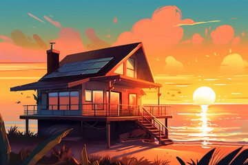 Flat graphic illustration a lovely beach cottage with solar panels on roof on a beautiful landscape. AI generative