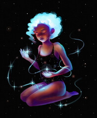 A girl holding stars. Hand drawn illustration