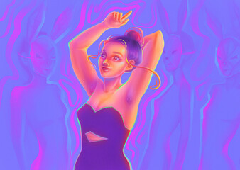 Confident girl dancing, body positive illustration