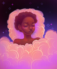 Girl sleeping under blanket made of clouds