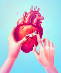 Woman hands holding human heart. Hand drawn illustration - 606910793