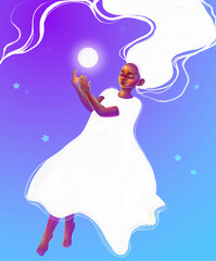 Girl wearing white dress holding moon - 606910794