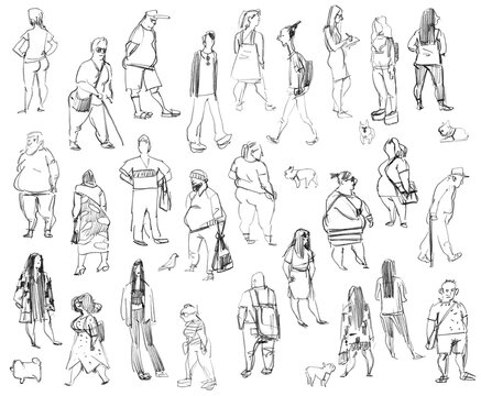 Outline sketch of the figure of a people from nature. Pencil doodles. Freehand drawing with pencil. Set. Isolated on white background
