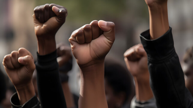 Close-up of black people at a demonstration with raised fist. Generative AI