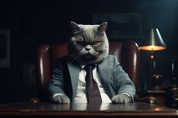 A cat sitting at the table. The cat looks like a mafia boss. By Generative AI. - obrazy, fototapety, plakaty