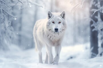 A white wolf walking in the snow-covered forest. By Generative AI