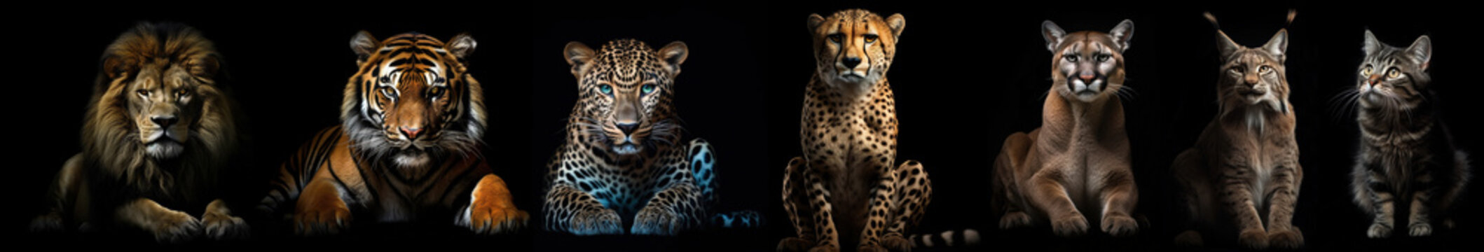 Family of felines standing side by side on a black background. By Generative AI.
