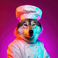 Wolf in chef uniform, complete with toque hat. Generative AI - obrazy, fototapety, plakaty