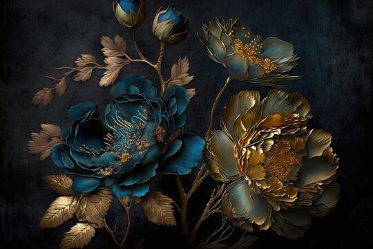 Subtly textured blue and gold painted flowers dark moody background. Generative AI AIG15.
