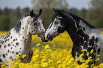 Fototapeta na wymiar Two horses standing face to face, warmblood baroque type, barock pinto black - and - white tobiano patterned