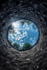 Looking up from inside a well at a small circle of sky, holy light. AI generative