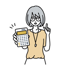 立って電卓を持ってこちらに向けて見せている教師の女性