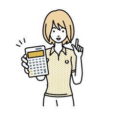 立って電卓を持ってこちらに向けて見せているポロシャツの女性