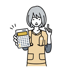 立って電卓を持ってこちらに向けて見せている看護師の女性