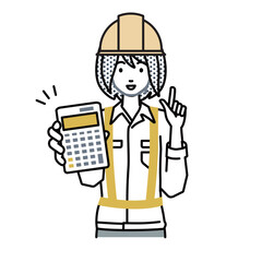 立って電卓を持ってこちらに向けて見せている工事現場の女性