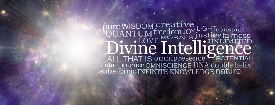 Divine Intellitgence Cosmic Word Cloud - Big Bang In Deep Space  Background beside a relevant DIVINE INTELLIGENCE word cloud  with nebula explosion on left side radiating out into deep space