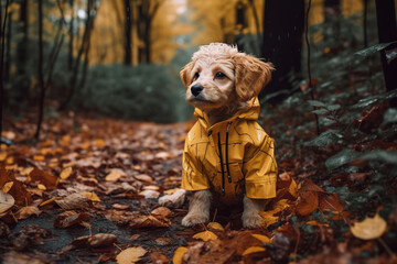 Dog puppy in the autumn forest wearing raincoat, Generative AI