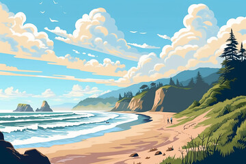 Poster, Coast, blue sky, flat illustration style, AI generative