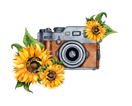 Watercolor illustration of a brown retro camera and sunflowers. Composition for posters, greeting cards, banners, flyers, covers, posters and other printing products. Isolated on white background.