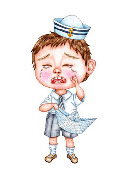 Watercolor Illustration Of A Little Crying Boy. Child Captain With A Paper Boat In His Hands. Design For Greeting Card, Banner, Flyer, Cover, Poster And Print On Other Product. Isolated On White