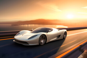 Plakat American sport car on the background of sunset and palm trees. Neural network AI generated art Generative AI