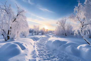 The morning sun, the white world, roads and trees covered with thick snow, snow hanging on the branches. AI generative
