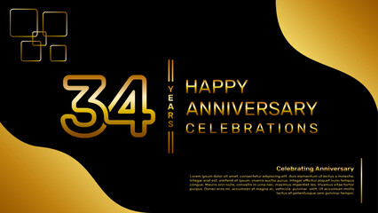 34 year anniversary logo design with a double line concept in gold color, logo vector template illustration