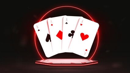 Realistic poker cards on a bright neon podium with a shiny arch. A concept for a casino.