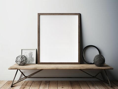 Mock up poster frame in modern beige home interior
