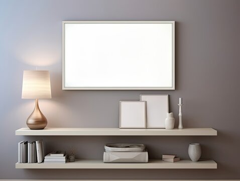 Mock up poster frame in modern beige home interior