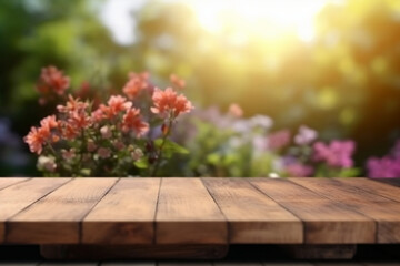 Wooden Board Table Top with Empty Space and Blurred Flower Garden Background. AI generative