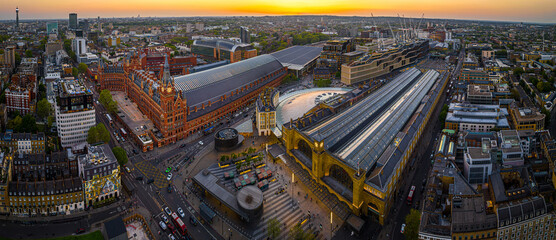 Aerial view of St Pancras and Kings Cross train stations in London