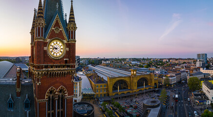Aerial view of St Pancras and Kings Cross train stations in London - obrazy, fototapety, plakaty