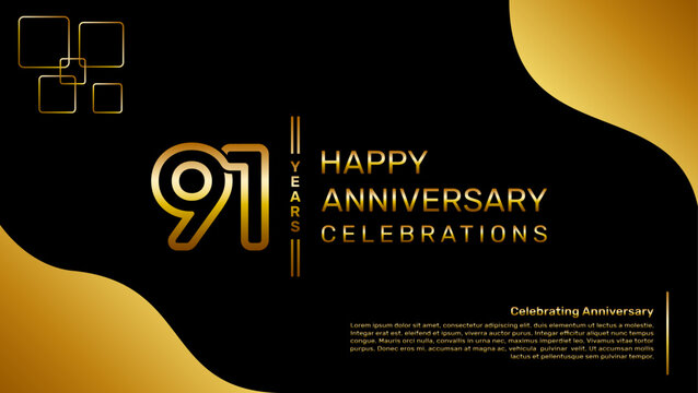 91 year anniversary logo design with a double line concept in gold color, logo vector template illustration